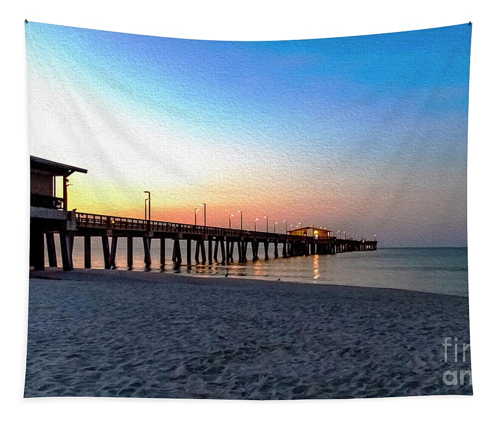 1283a Tapestry featuring the photograph Dawn at Gulf Shores Pier Al Seascape 1283A Digital Painting by Ricardos Creations