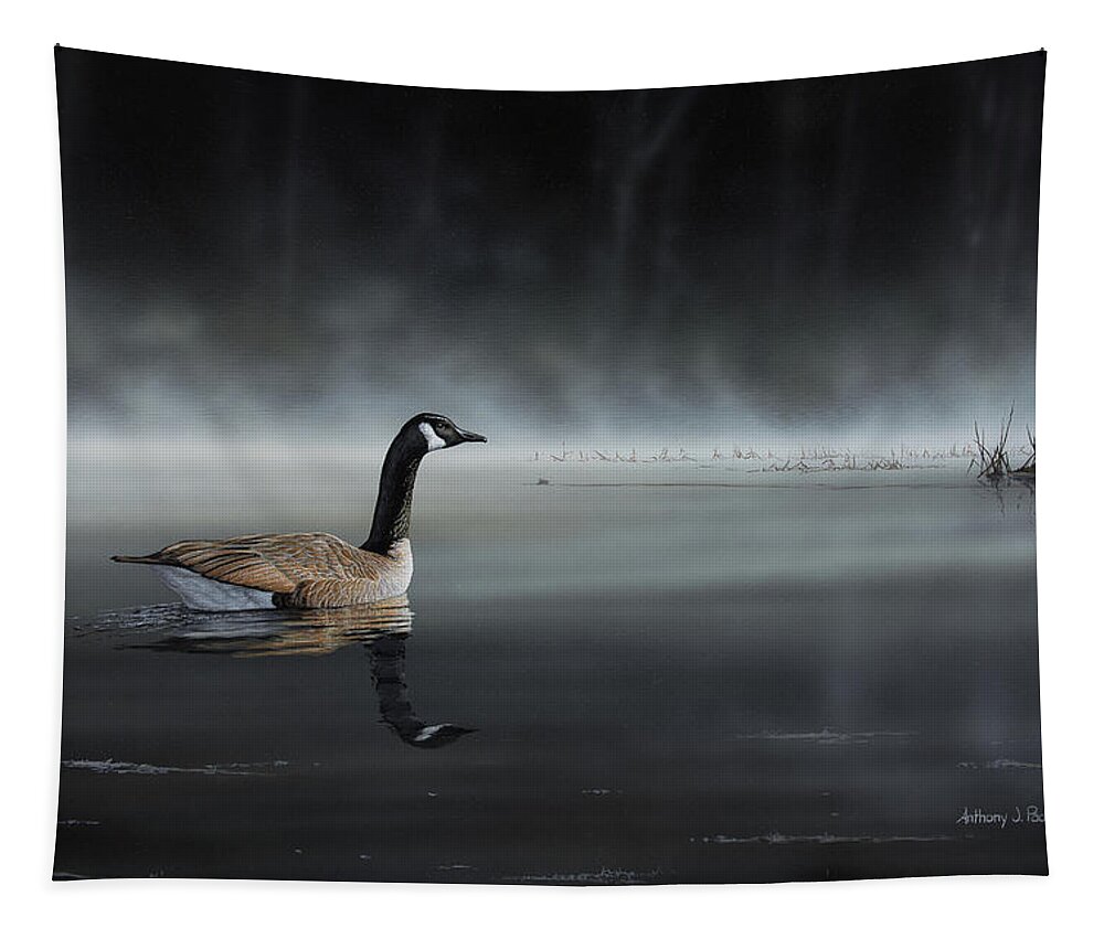 Goose Tapestry featuring the painting Daybreak Sentry by Anthony J Padgett