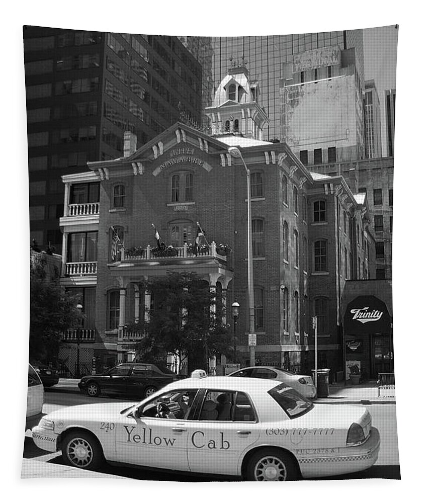 America Tapestry featuring the photograph Denver Downtown with Yellow Cab BW by Frank Romeo