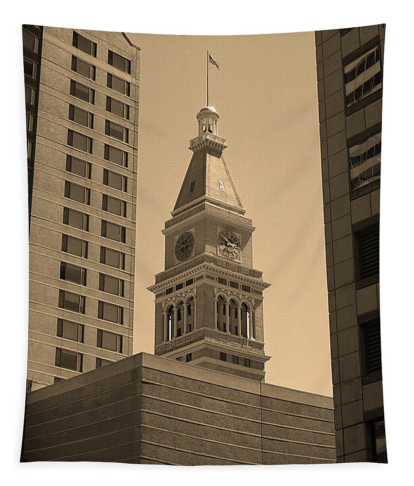 16th Tapestry featuring the photograph Denver - Historic D F Clocktower 2 Sepia by Frank Romeo