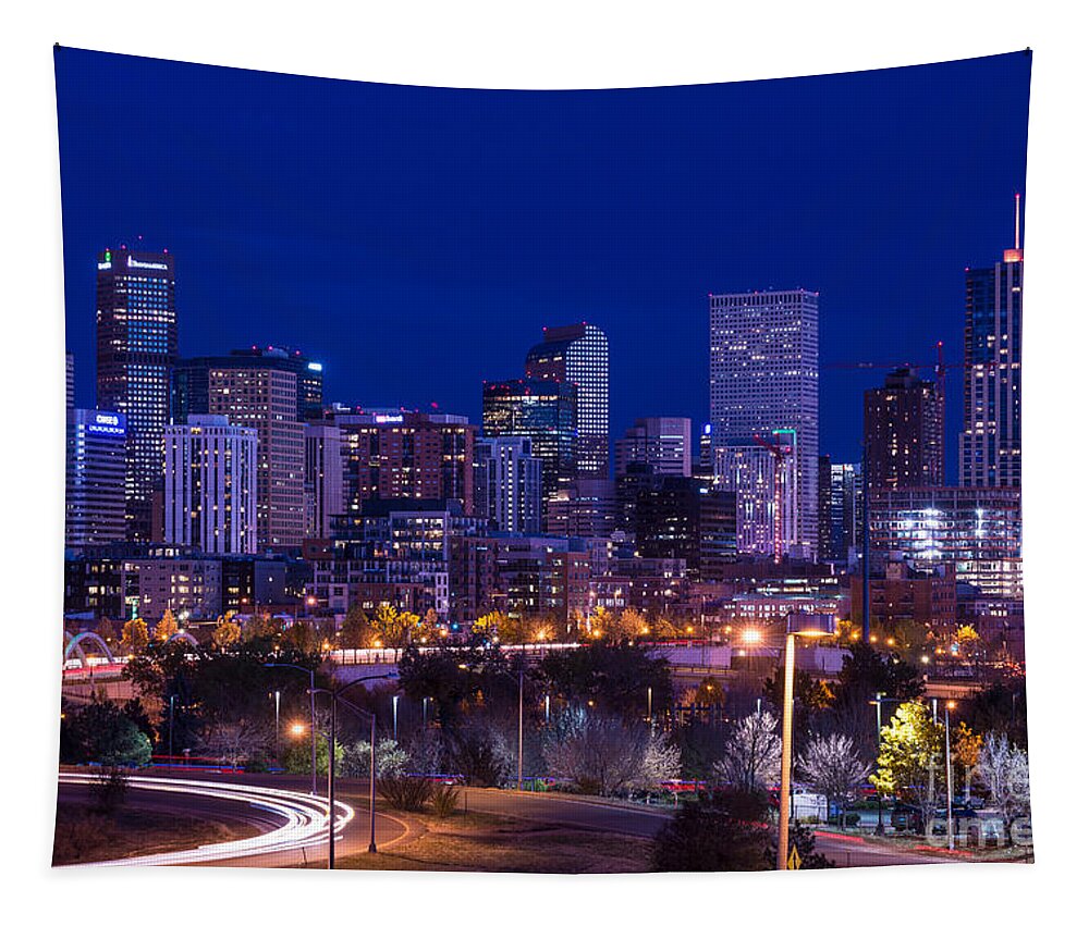 Denver Tapestry featuring the photograph Denver Skyline at Night - Colorado by Gary Whitton