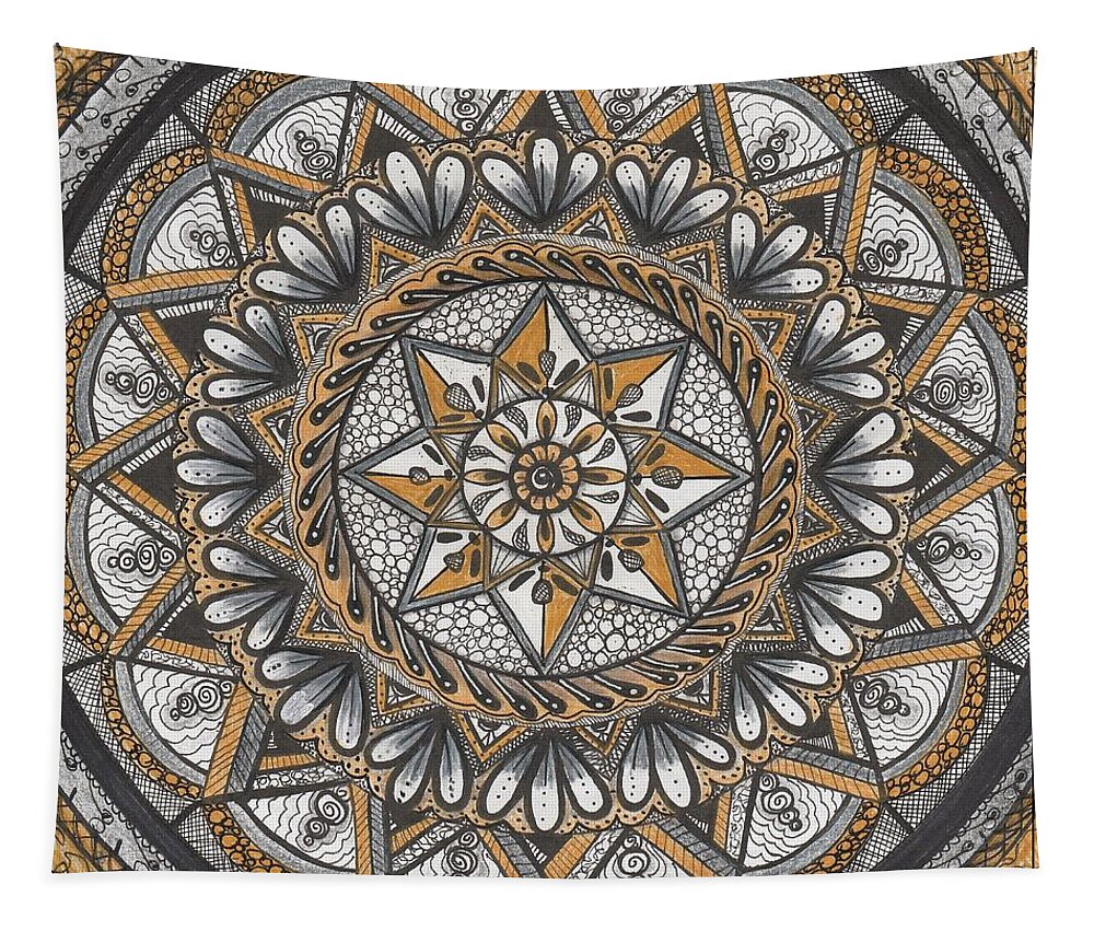 Tapestry Tapestry featuring the drawing DES Tapestry in Gold-Grey-Black by Kathy Sheeran