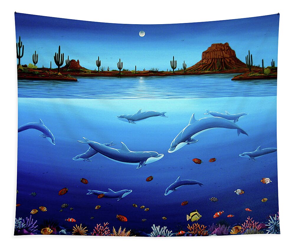 Ocean Tapestry featuring the painting Desert Dolphins by Lance Headlee