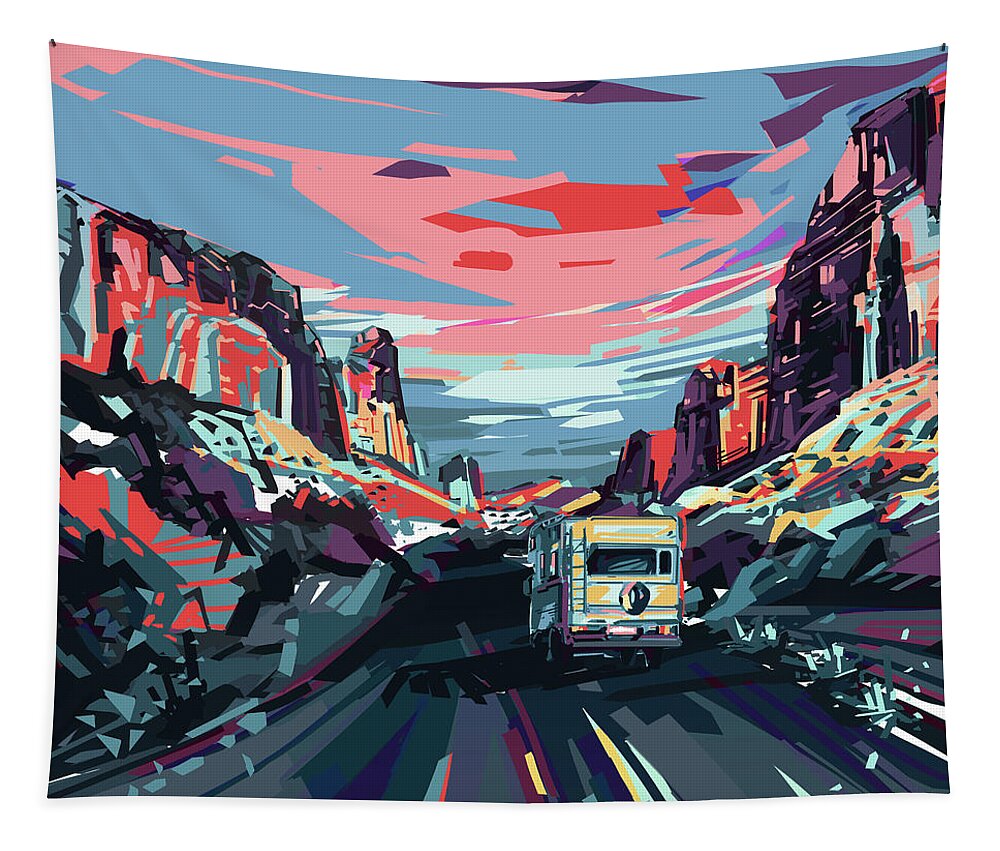 Road Tapestry featuring the digital art Desert Road Landscape by Bekim M