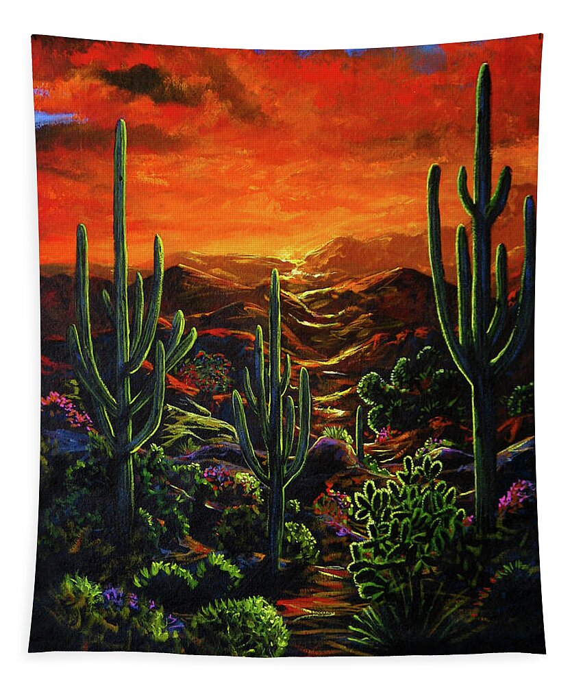 Sunset Tapestry featuring the painting Desert Sunset by Lance Headlee