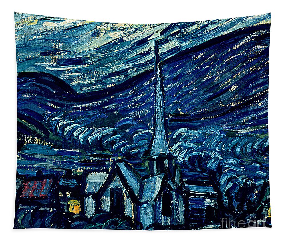 Post-impressionist;stars;star;nocturne;landscape;church Spire;moon;moonlight;tree;sky;cosmic;st;remy;provence;french;saint-remy;post-impressionism Tapestry featuring the painting Detail of The Starry Night by Vincent Van Gogh