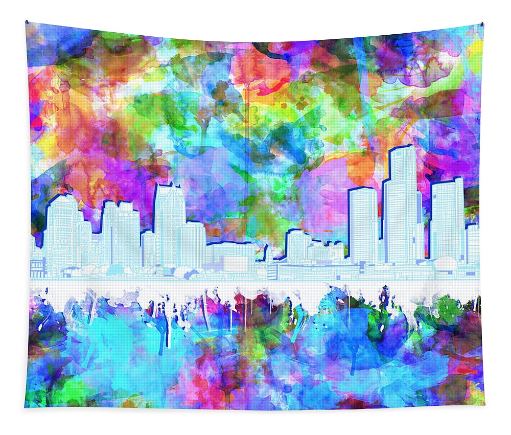Detroit Tapestry featuring the painting Detroit Skyline Watercolor Vibrant by Bekim M