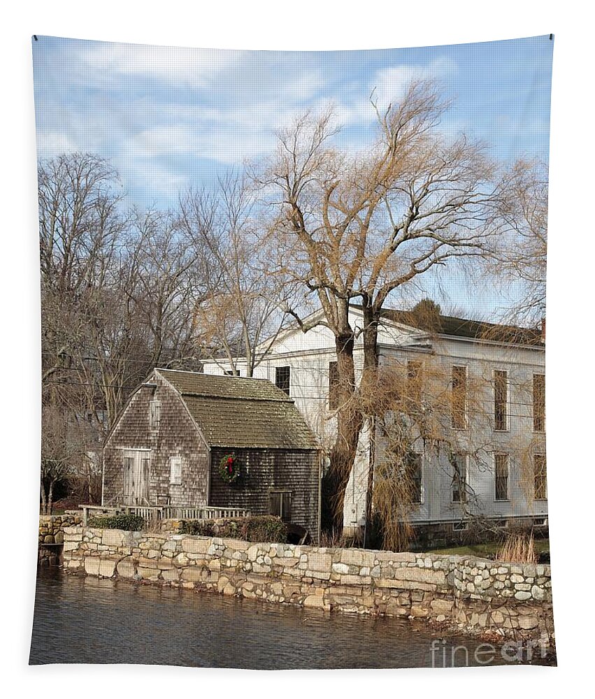Cape Cod Tapestry featuring the photograph Dexter Grist Mill and Town Hall in Autumn in Sandwich Massachusetts by William Kuta