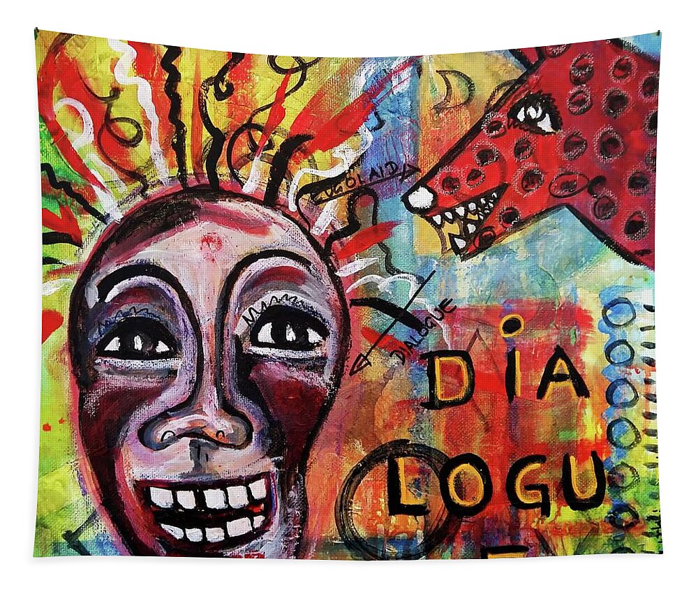 Outsider Art Tapestry featuring the mixed media Dialogue Between Red Dawg And Wildwoman-self by Mimulux Patricia No