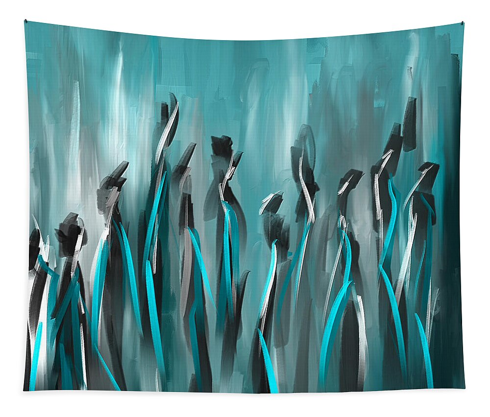 Turquoise Art Tapestry featuring the painting Differences - Turquoise Gray and Black Art by Lourry Legarde