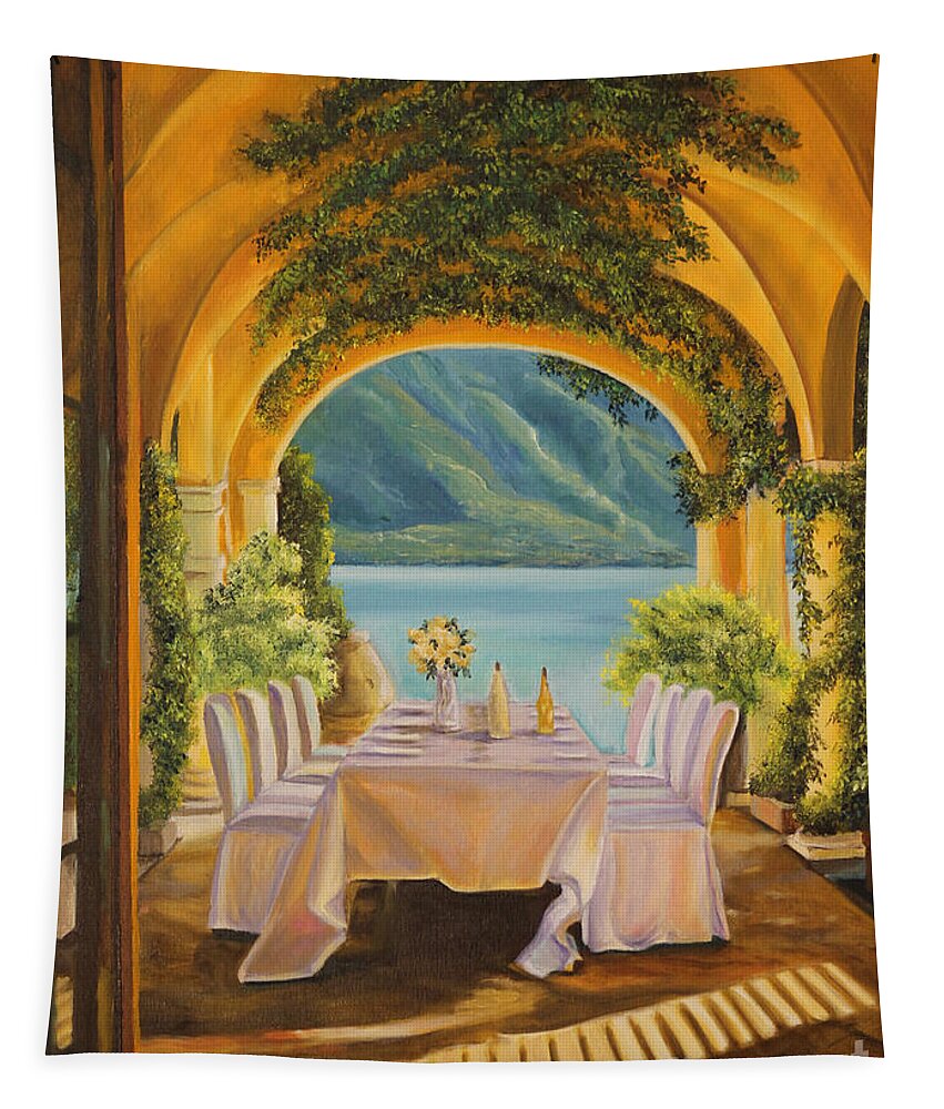 Lake Como Artwork Tapestry featuring the painting Dining on Lake Como by Charlotte Blanchard
