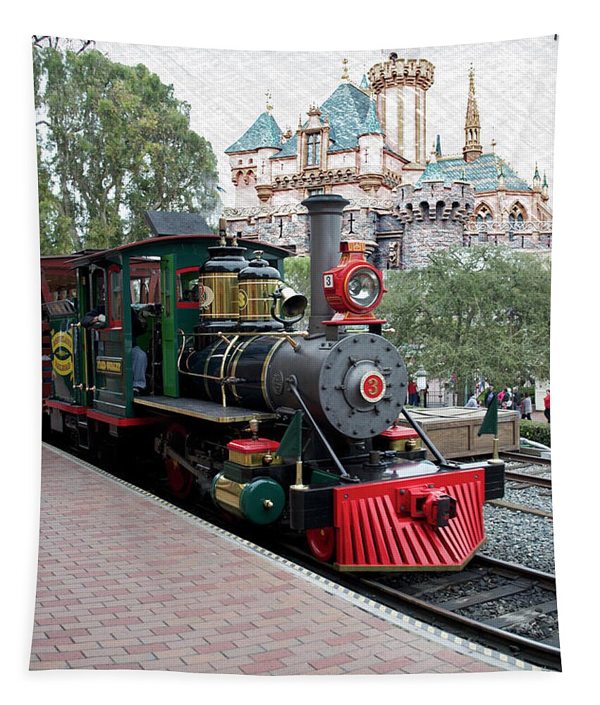Photo Art Tapestry featuring the photograph Disneyland Railroad Engine 3 With Castle by Thomas Woolworth