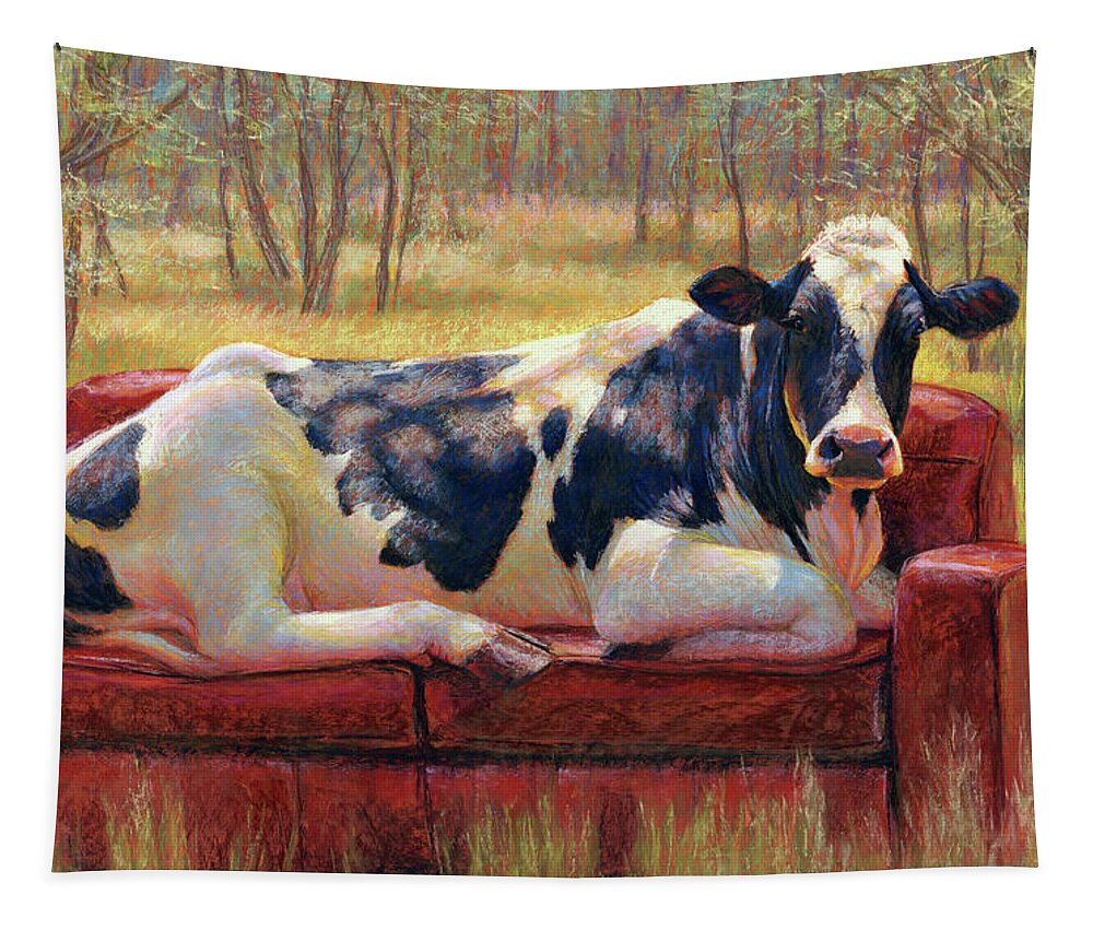 Cow Holstein Woods Landscape Animals Goddess Sunlight Bovine Pastel Black White Tapestry featuring the pastel Diva Bovina by Rita Kirkman