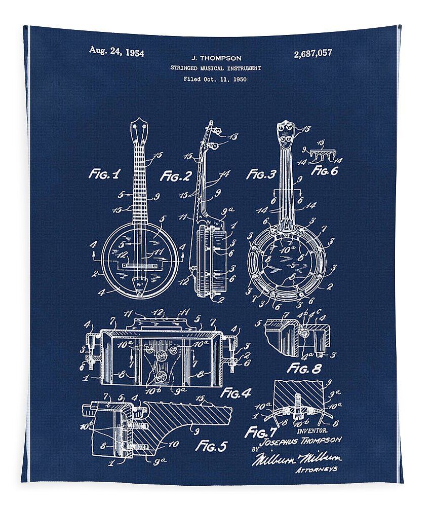 Dixie Tapestry featuring the digital art Dixie Banjolele Patent 1954 in Blue by Bill Cannon