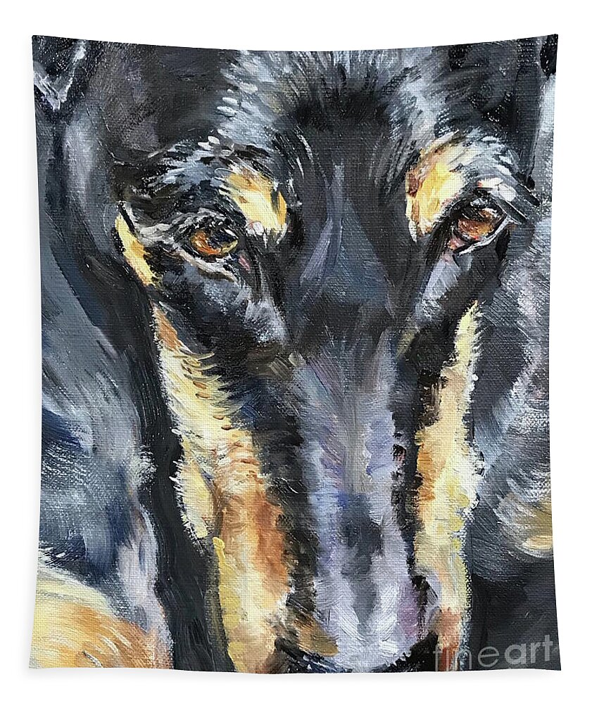 Doberman Pinscher Tapestry featuring the painting Doberman Oil Painting by Maria Reichert
