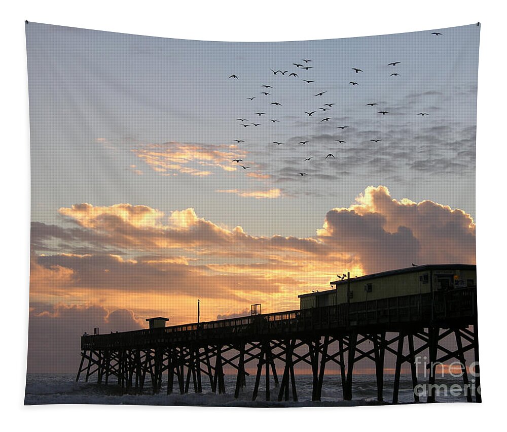 Beach Prints Tapestry featuring the photograph Doves over Sunglow Pier 9-19-15 by Julianne Felton