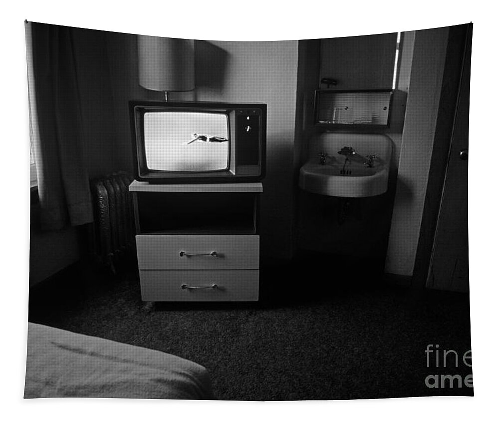 Nightmarish Tapestry featuring the photograph Downtown Hotel room at mid day with tv by Jim Corwin