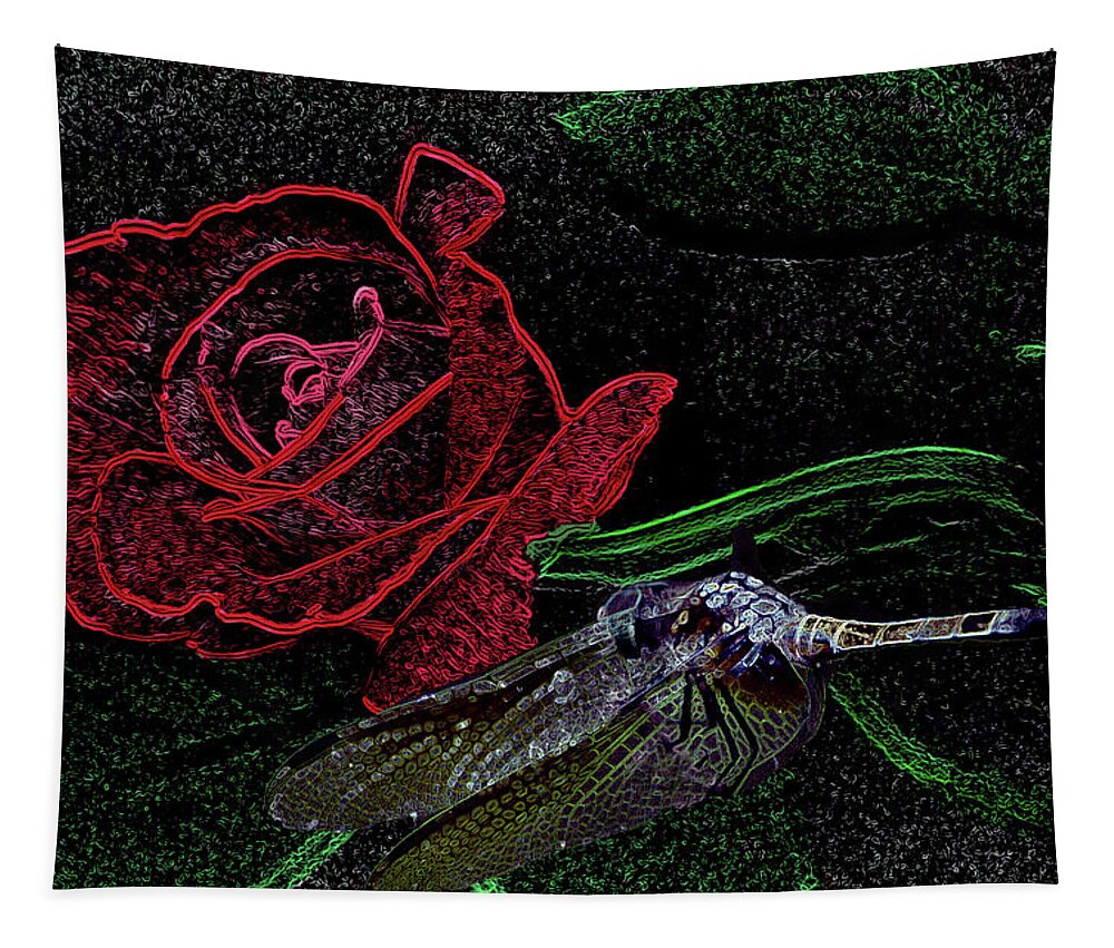 Dragonfly Tapestry featuring the photograph Dragonfly Dash With The Rose Neon by Lesa Fine