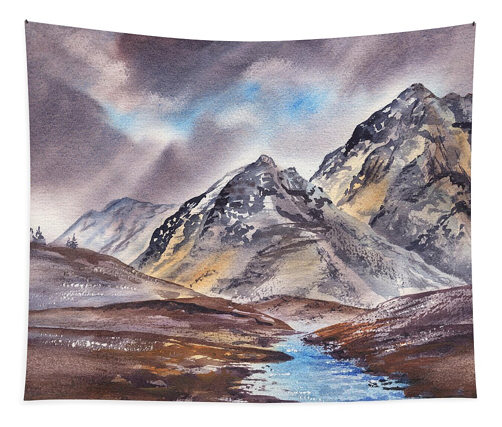 Mountains River Tapestry featuring the painting Dramatic Landscape With Mountains by Irina Sztukowski