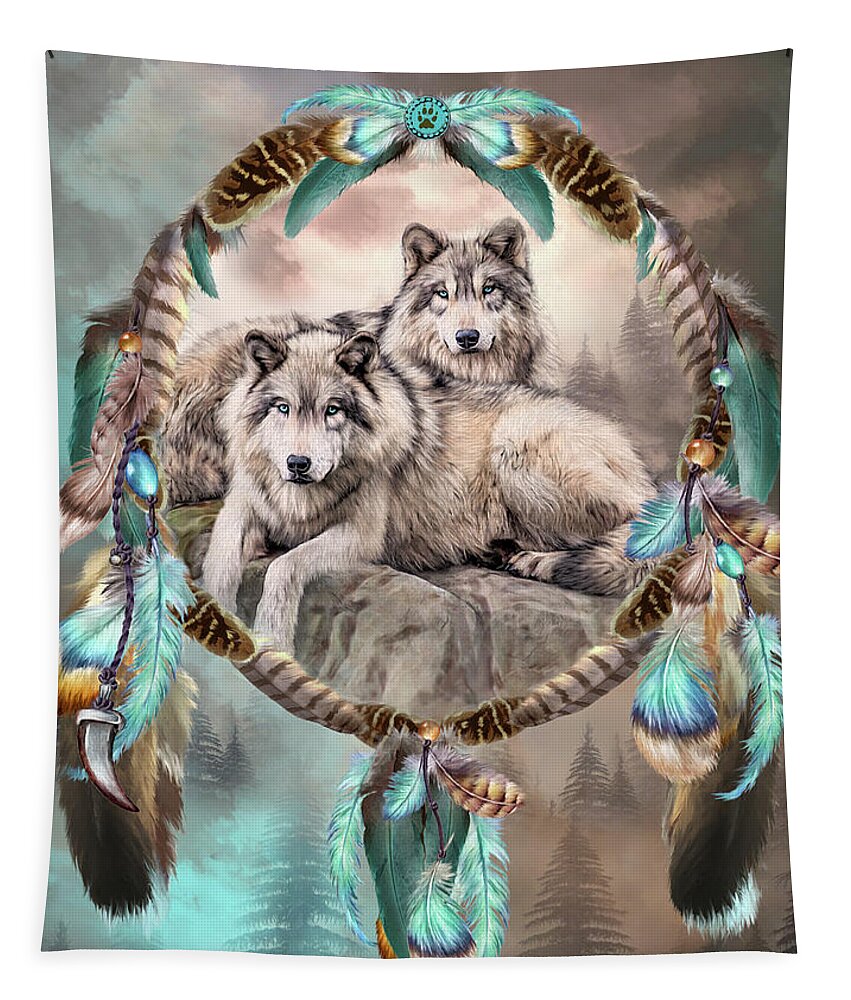 Carol Cavalaris Tapestry featuring the mixed media Dream Catcher - Two Wolves Together by Carol Cavalaris