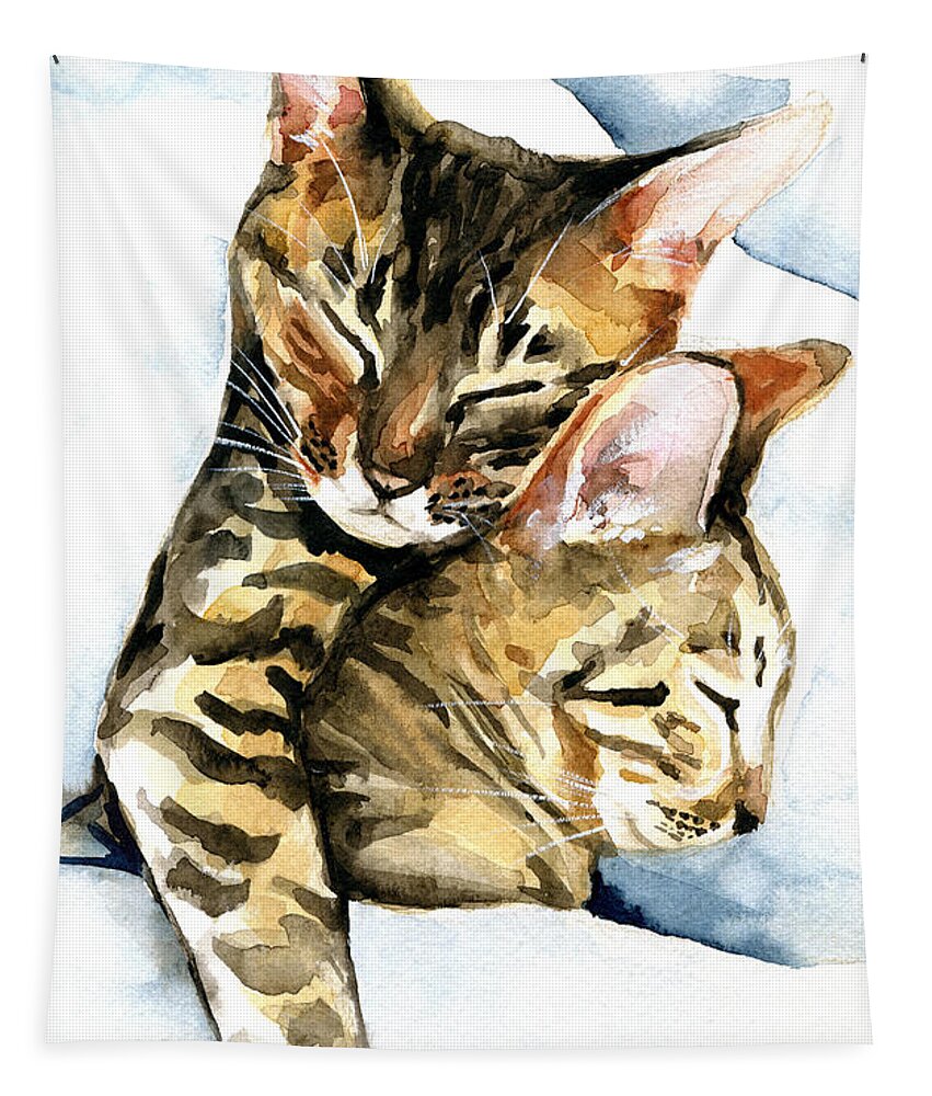 Dreamland Tapestry featuring the painting Dreamland - Bengal and Savannah Cat Painting by Dora Hathazi Mendes