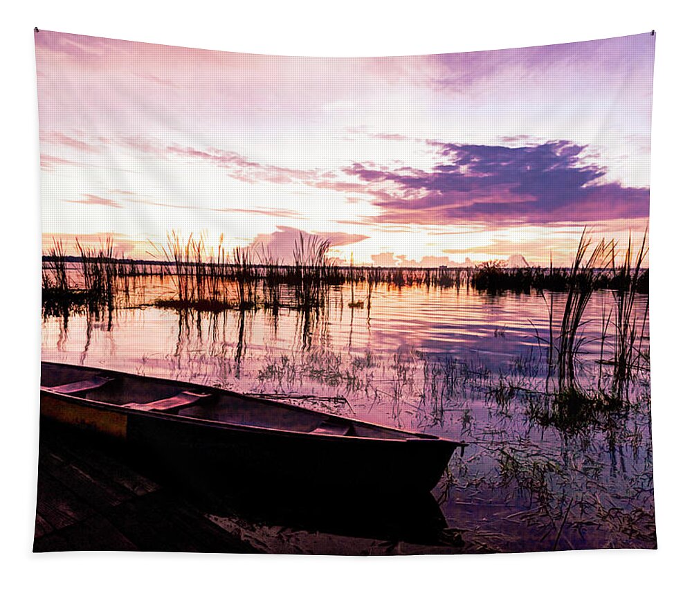 Boats Tapestry featuring the photograph Dreamy Nightfall at the Lake by Debra and Dave Vanderlaan