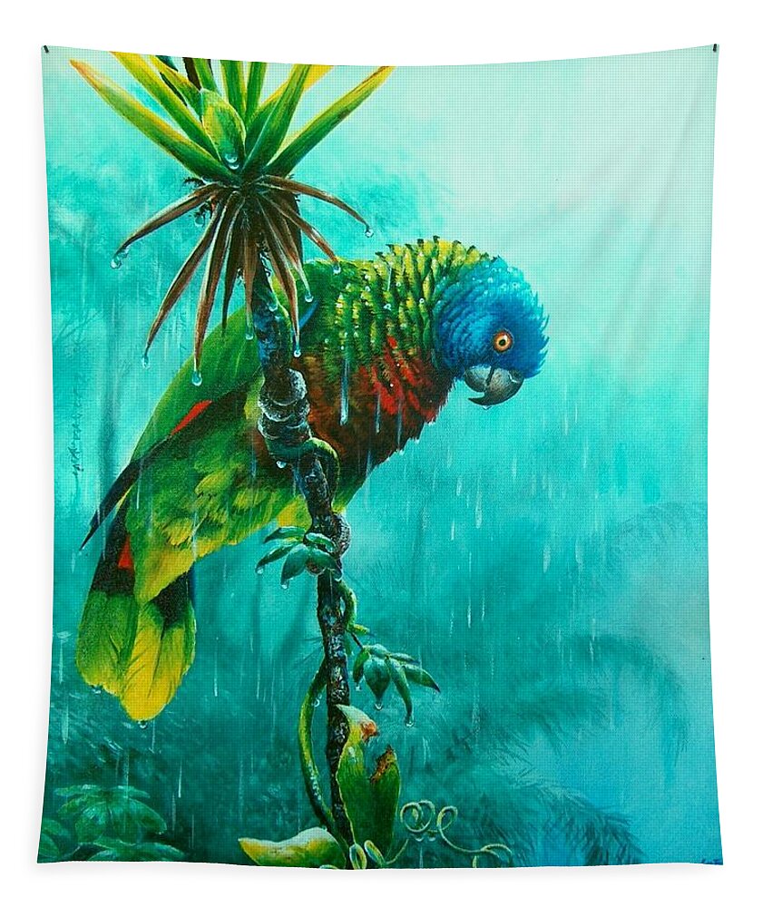 Chris Cox Tapestry featuring the painting Drenched - St. Lucia Parrot by Christopher Cox