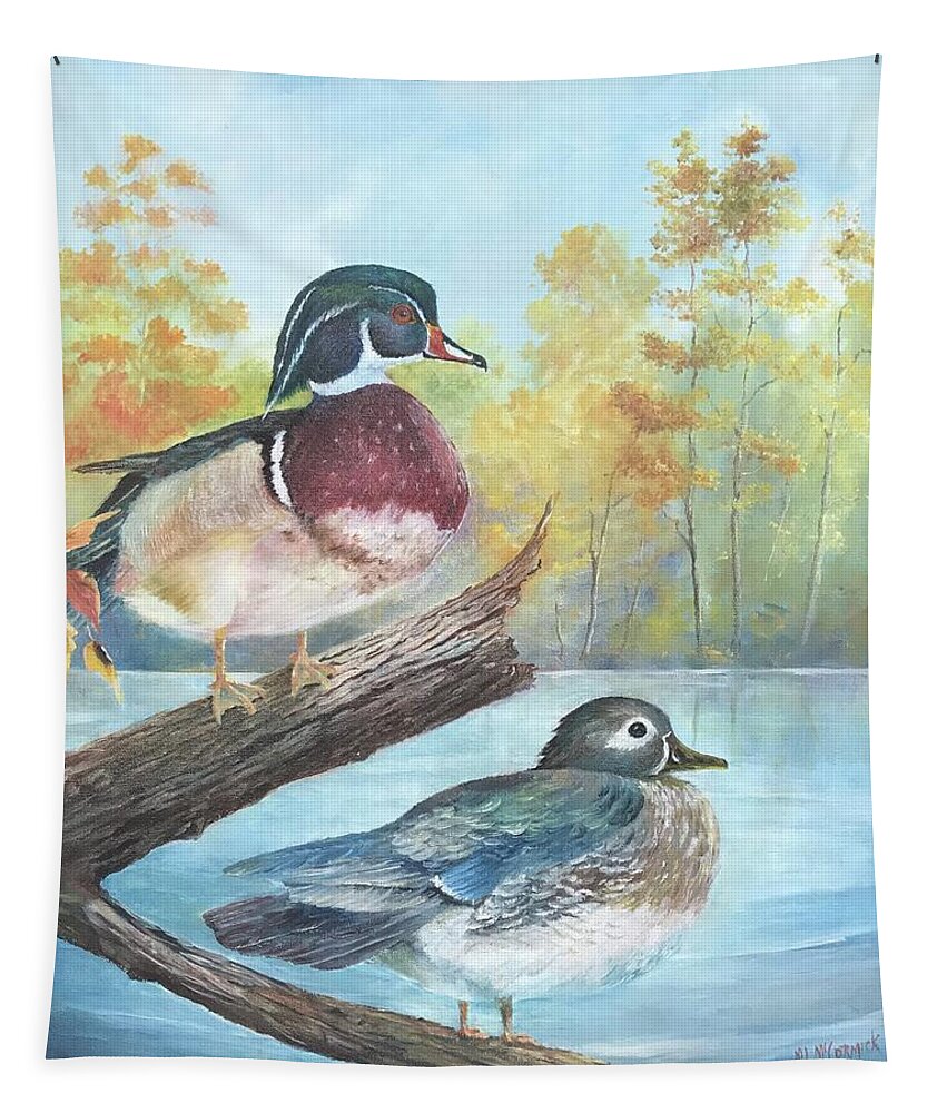 Duck Tapestry featuring the painting Wood Ducks by ML McCormick