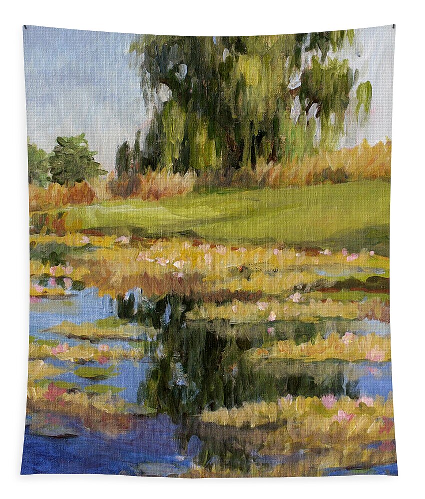 Pond Of Water Lilies Tapestry featuring the painting Dusk Over The Pond by L Diane Johnson