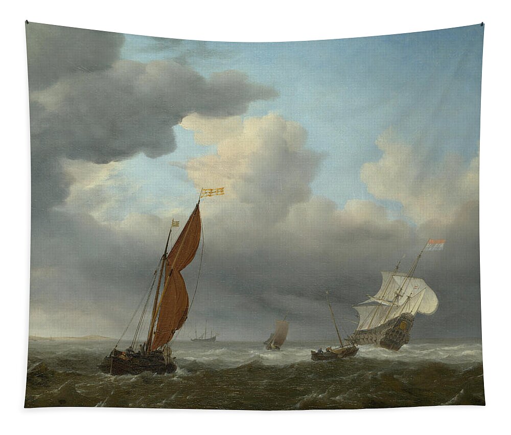 Military Tapestry featuring the painting Dutch Ship and Other Small Vessels in a Strong Breeze by Willem van de Velde