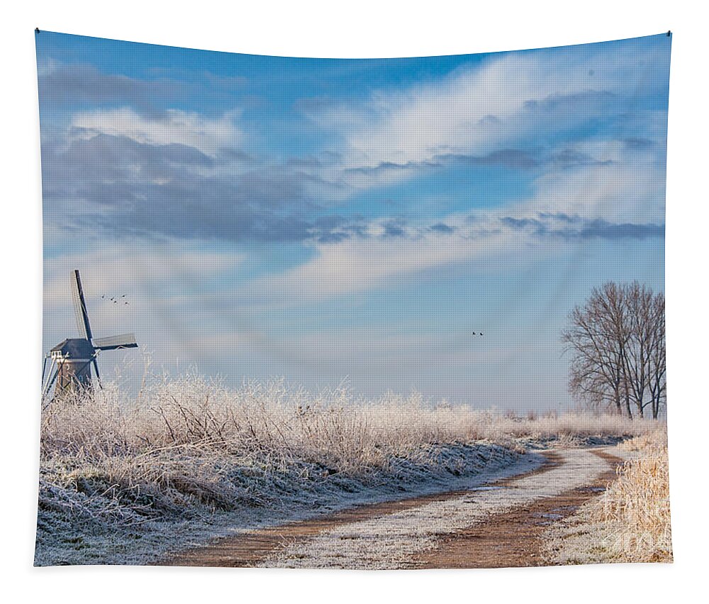 Holland Tapestry featuring the photograph Dutch windmill in winter by Casper Cammeraat