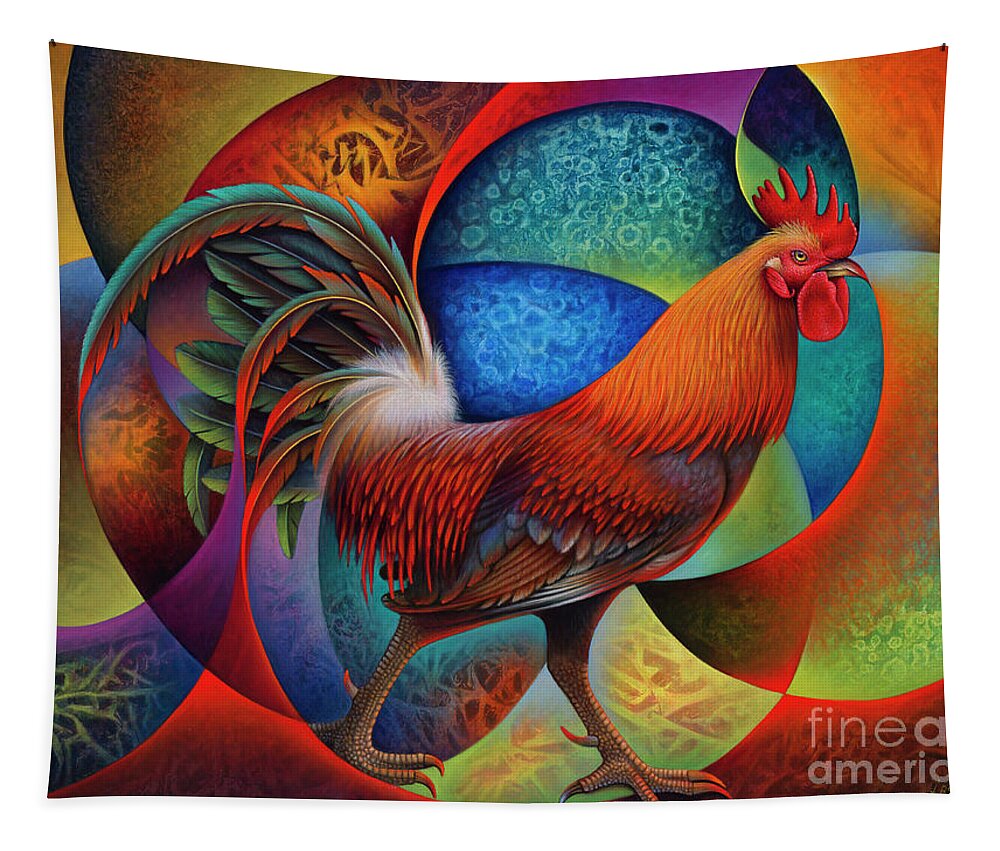 Rooster Tapestry featuring the painting Dynamic Rooster - 3D by Ricardo Chavez-Mendez