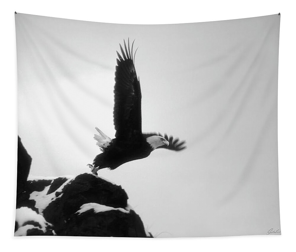 Nature Tapestry featuring the photograph Eagle Takeoff at Adak, Alaska by John A Rodriguez