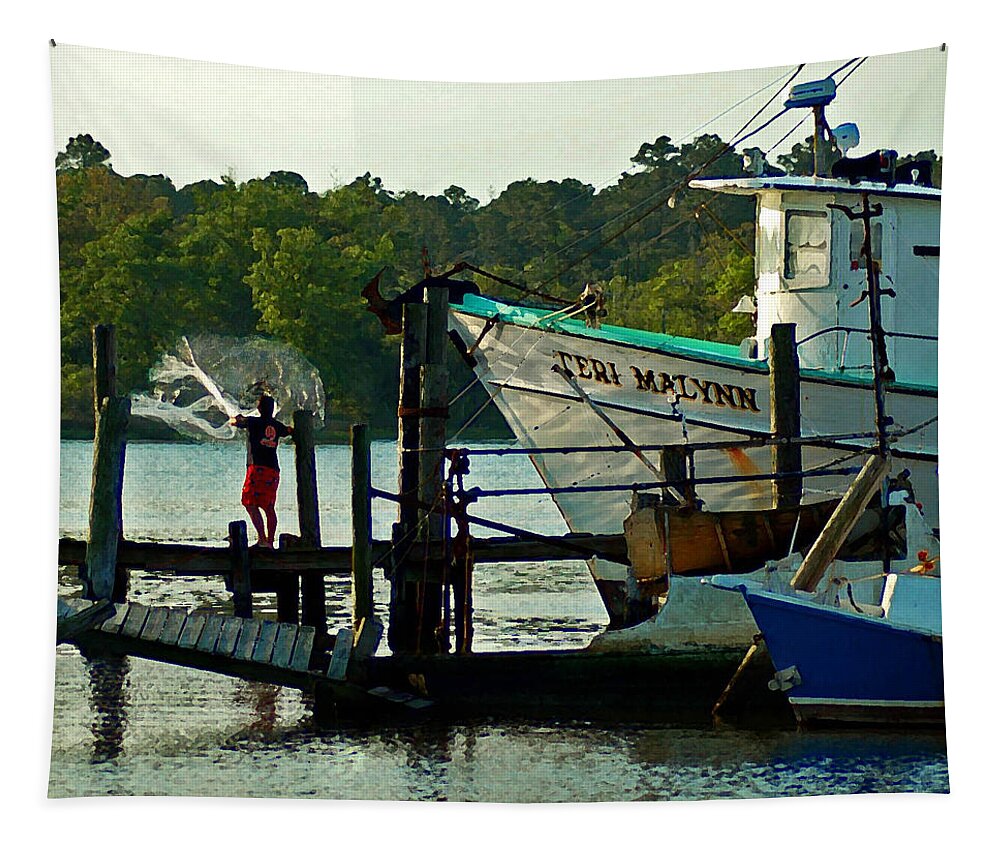 Shrimp Boat Tapestry featuring the painting Early Morning Net Toss by Michael Thomas