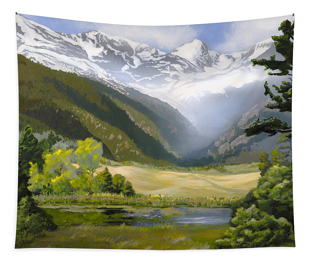 Landscape Tapestry featuring the painting Early Spring in the Mountains by Lynn Hansen