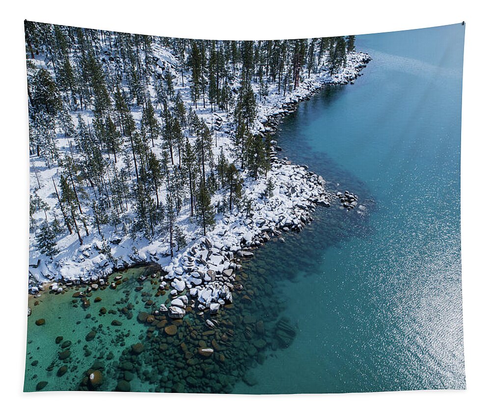 Aerial Tapestry featuring the photograph East Shore Winter Aerial by Brad Scott by Brad Scott