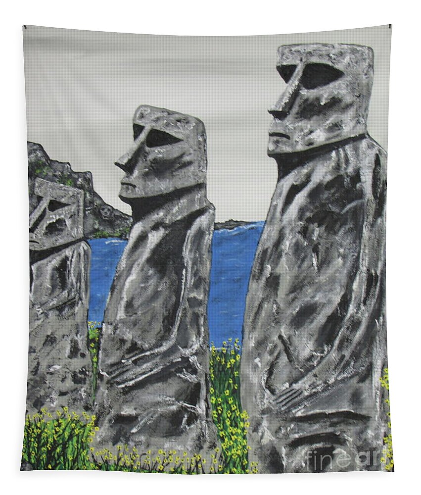 Easter Island Tapestry featuring the mixed media Easter Island Stone Men by Jeffrey Koss