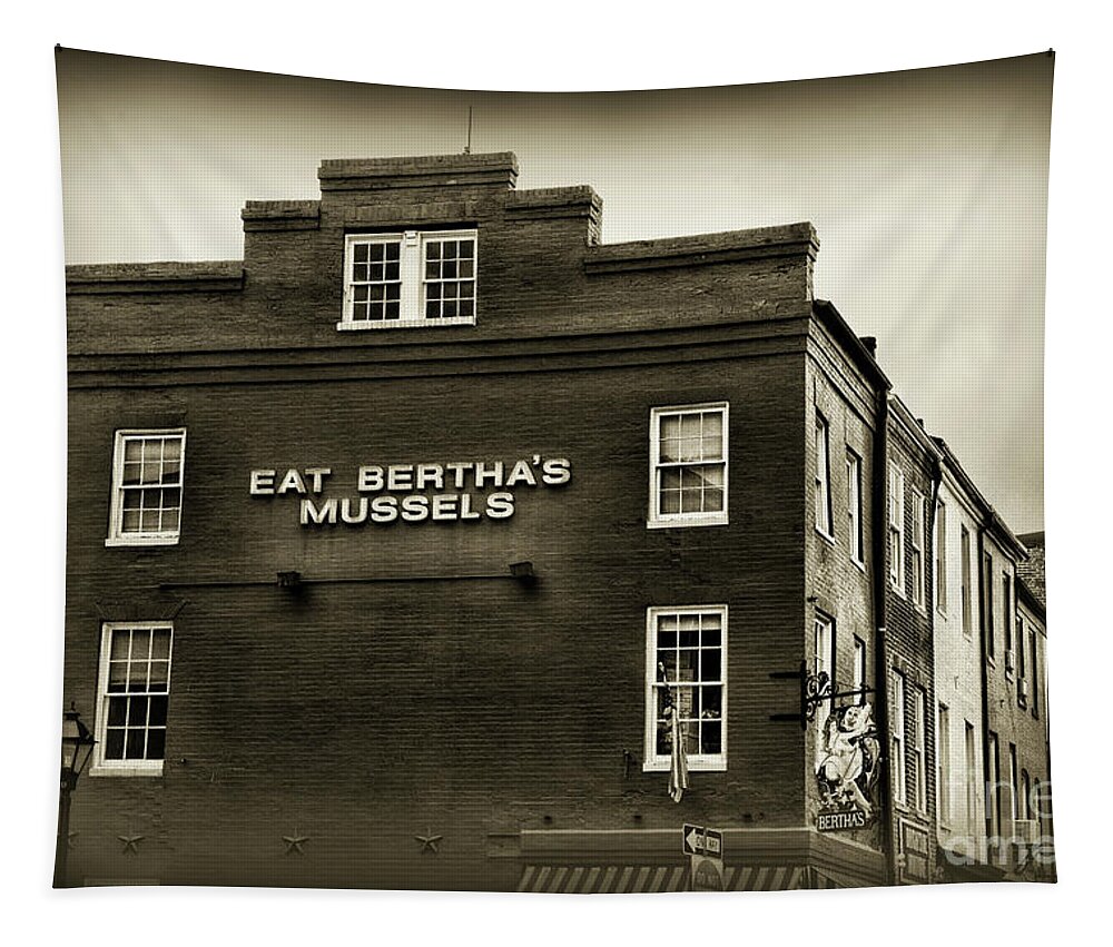Paul Ward Tapestry featuring the photograph Eat Berthas Mussels in black and white by Paul Ward