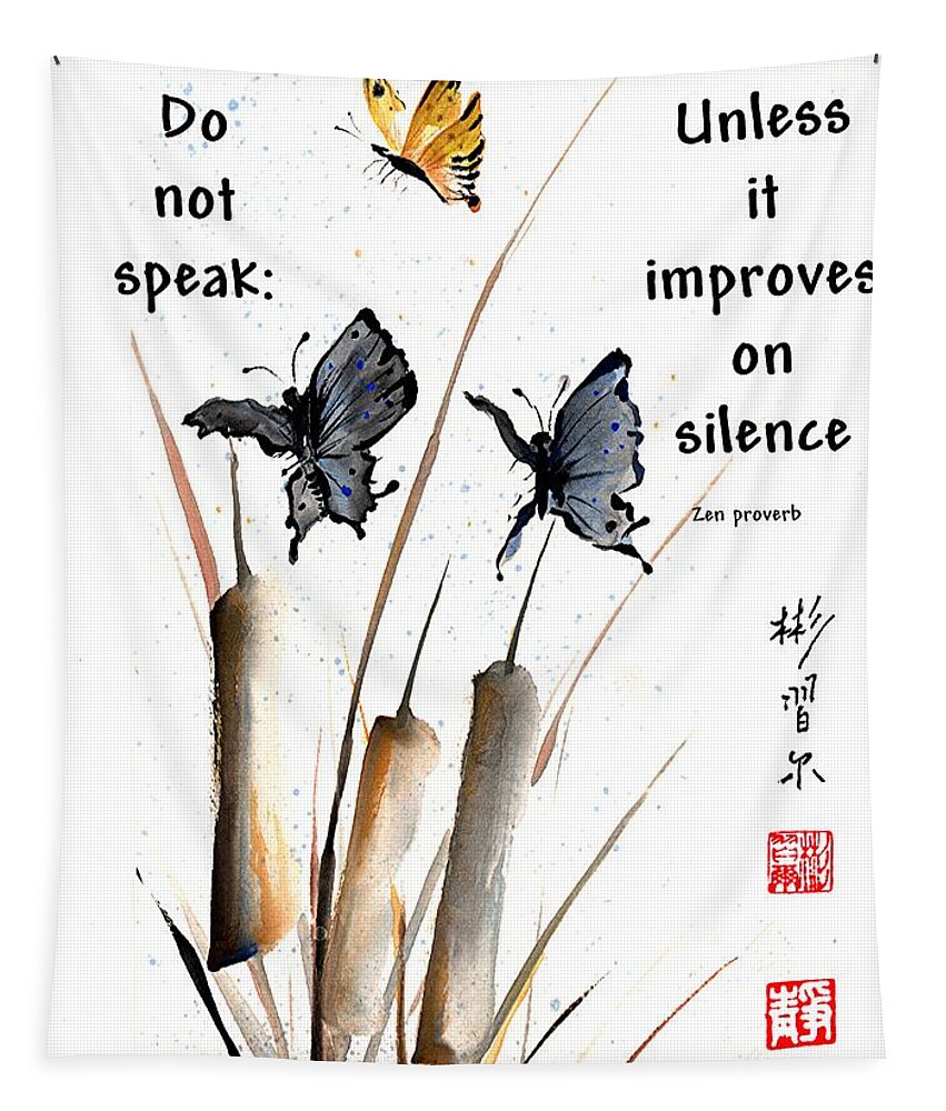 Chinese Brush Painting Tapestry featuring the painting Echo of Silence with Zen proverb by Bill Searle