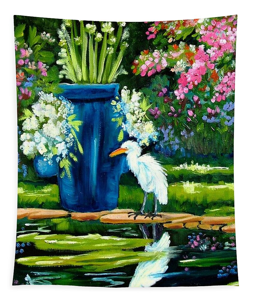 Florida Edison Estate Egret Tropical Pool Water Flowers Vase Lily Pads Animals Vases Blue Prints Birds Wading Birds Egrets Flowers Pink Blue Lavendar Water Pool Tapestry featuring the painting Egret visits goldfish pond by Carol Allen Anfinsen