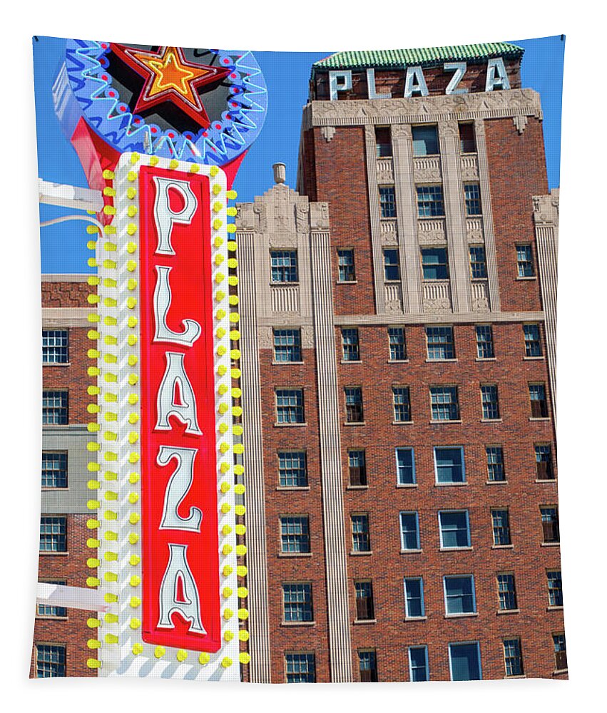 El Paso Tapestry featuring the photograph El Paso Plaza Hotel and Plaza Theatre Sign by SR Green
