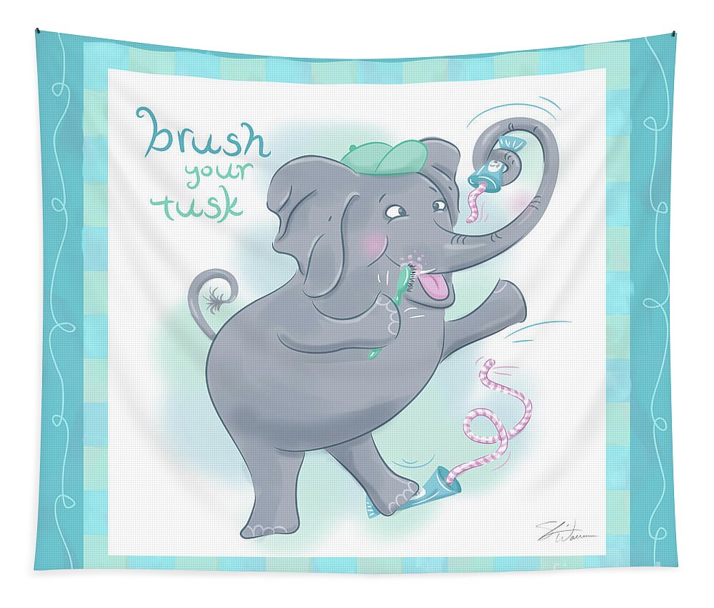 Children Tapestry featuring the mixed media Elephant Bath Time Brush your Tusk by Shari Warren