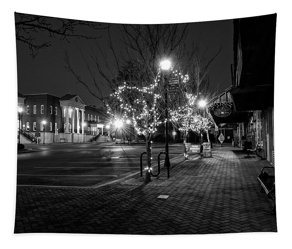 Ellijay Tapestry featuring the photograph Ellijay Sidewalk At Night In Black And White by Greg and Chrystal Mimbs
