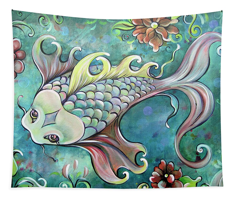 Koi Tapestry featuring the painting Emerald Koi by Shadia Derbyshire