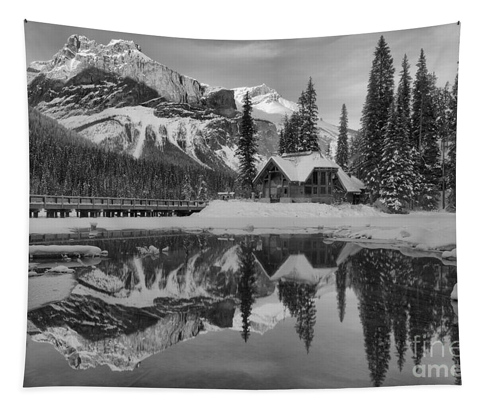 Emerald Lake Tapestry featuring the photograph Emerald Lake Winter Sunset Reflections Black And White by Adam Jewell