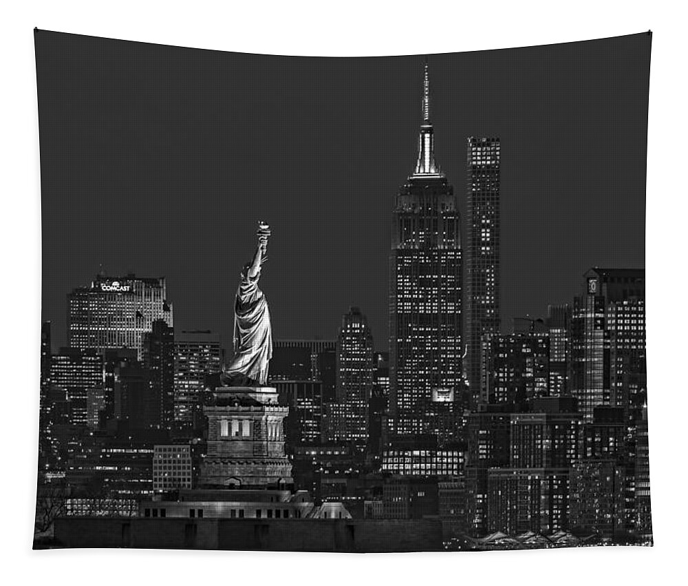 Statue Of Liberty Tapestry featuring the photograph Empire State And Statue Of Liberty II BW by Susan Candelario