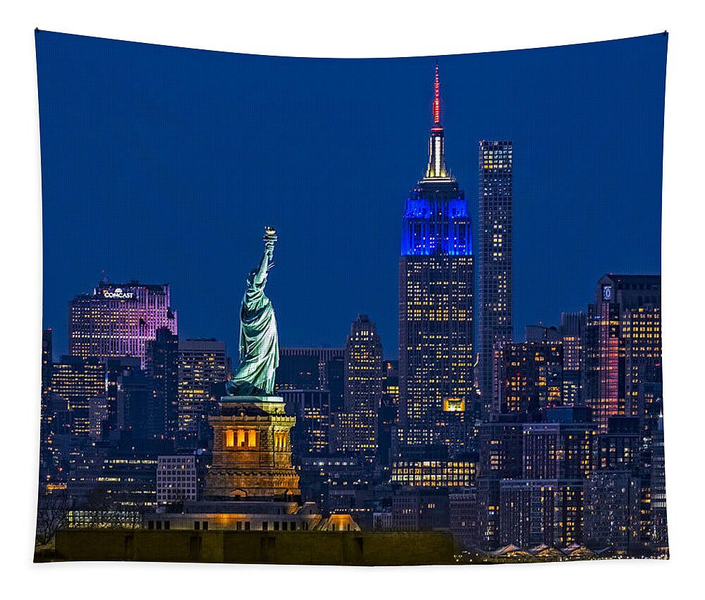 Statue Of Liberty Tapestry featuring the photograph Empire State And Statue Of Liberty II by Susan Candelario