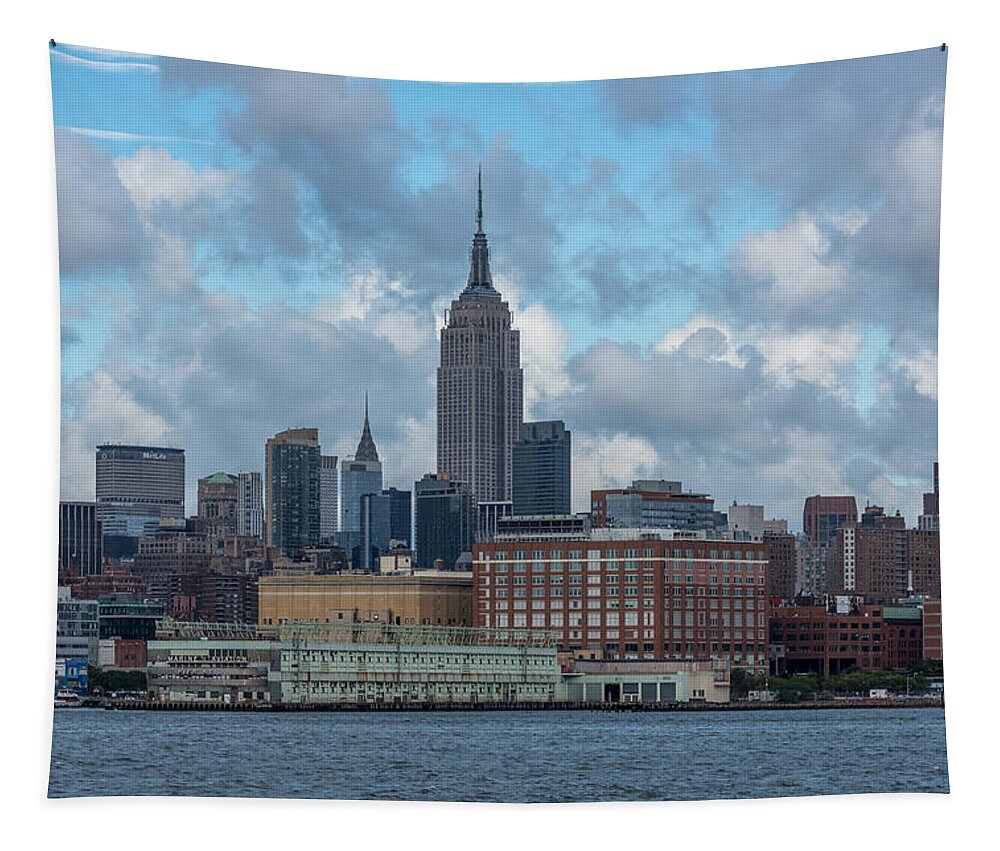 Empire State Building Nyc From Hoboken Waterfront Tapestry featuring the photograph Empire State Building NYC from Hoboken Waterfront by Terry DeLuco