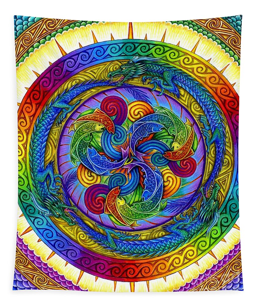 Dragon Tapestry featuring the drawing Psychedelic Dragons Rainbow Mandala by Rebecca Wang
