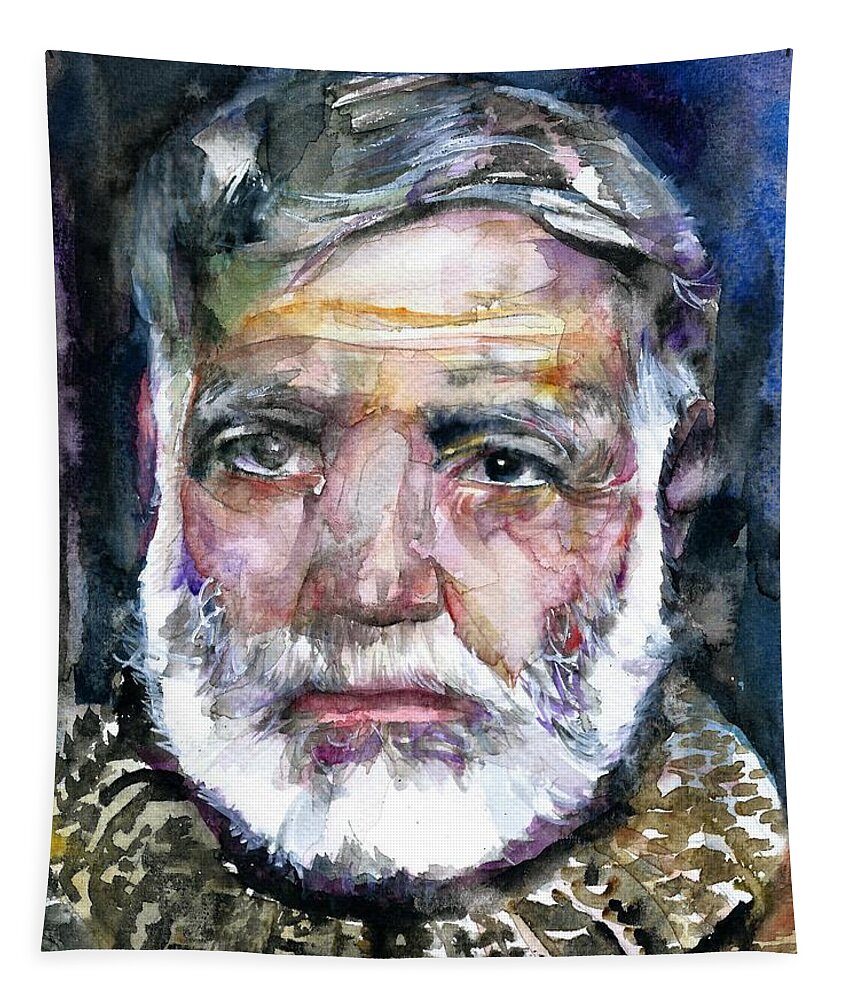 Hemingway Tapestry featuring the painting ERNEST HEMINGWAY - watercolor portrait.12 by Fabrizio Cassetta